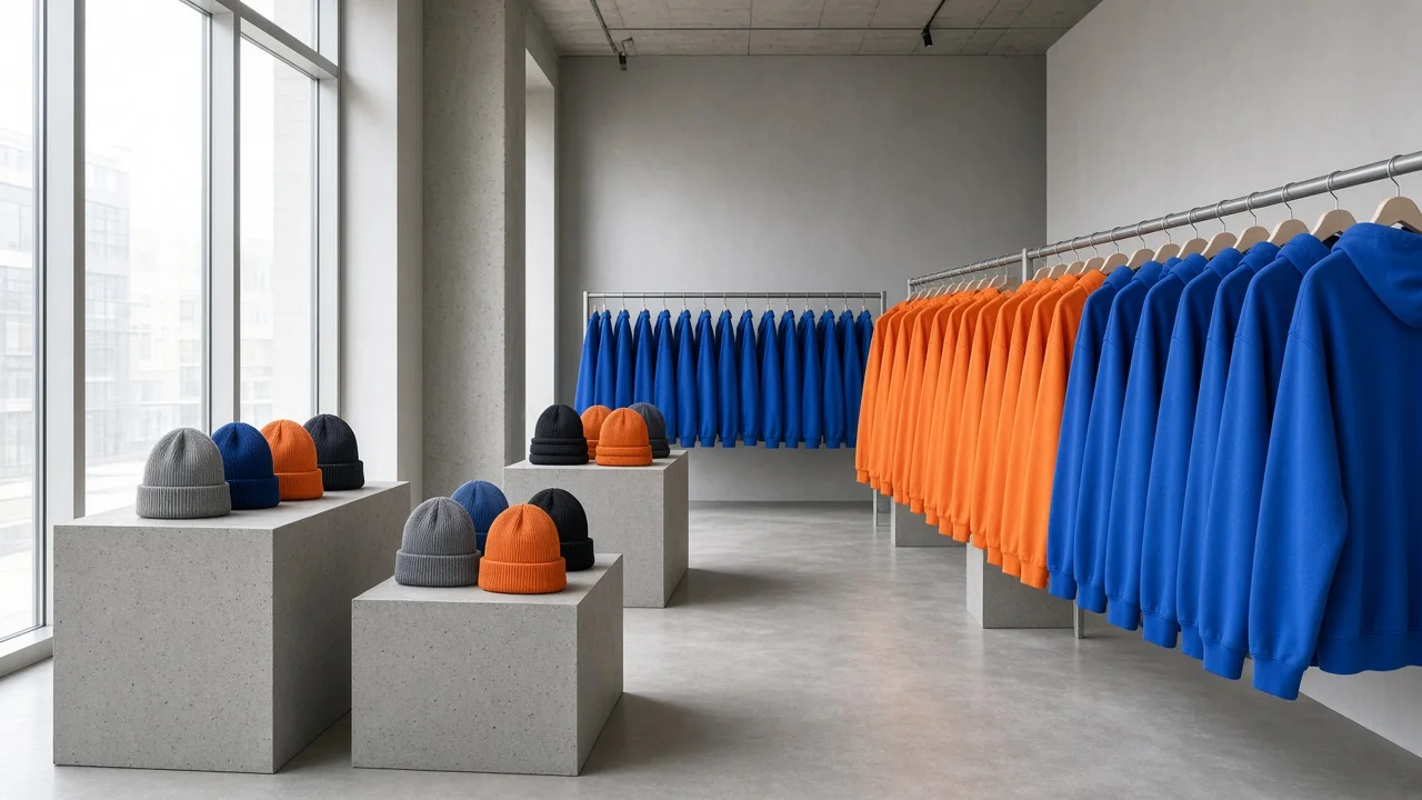 Cobalt and tangerine hoodies on rails in a bright concrete shop