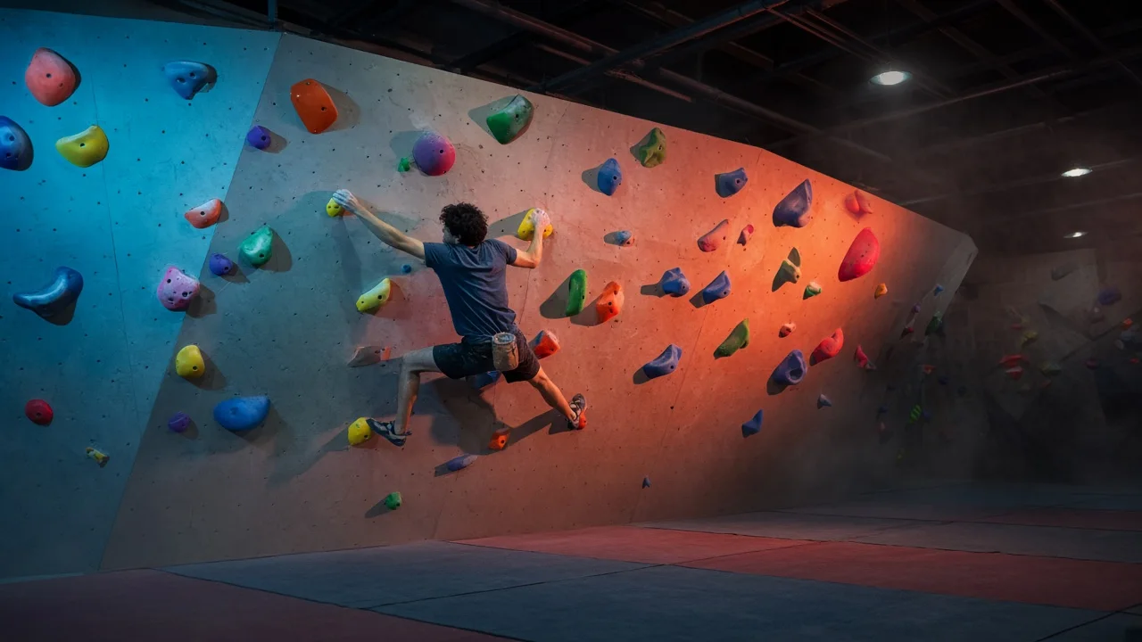 Climber on a colourful bouldering wall under teal and coral light