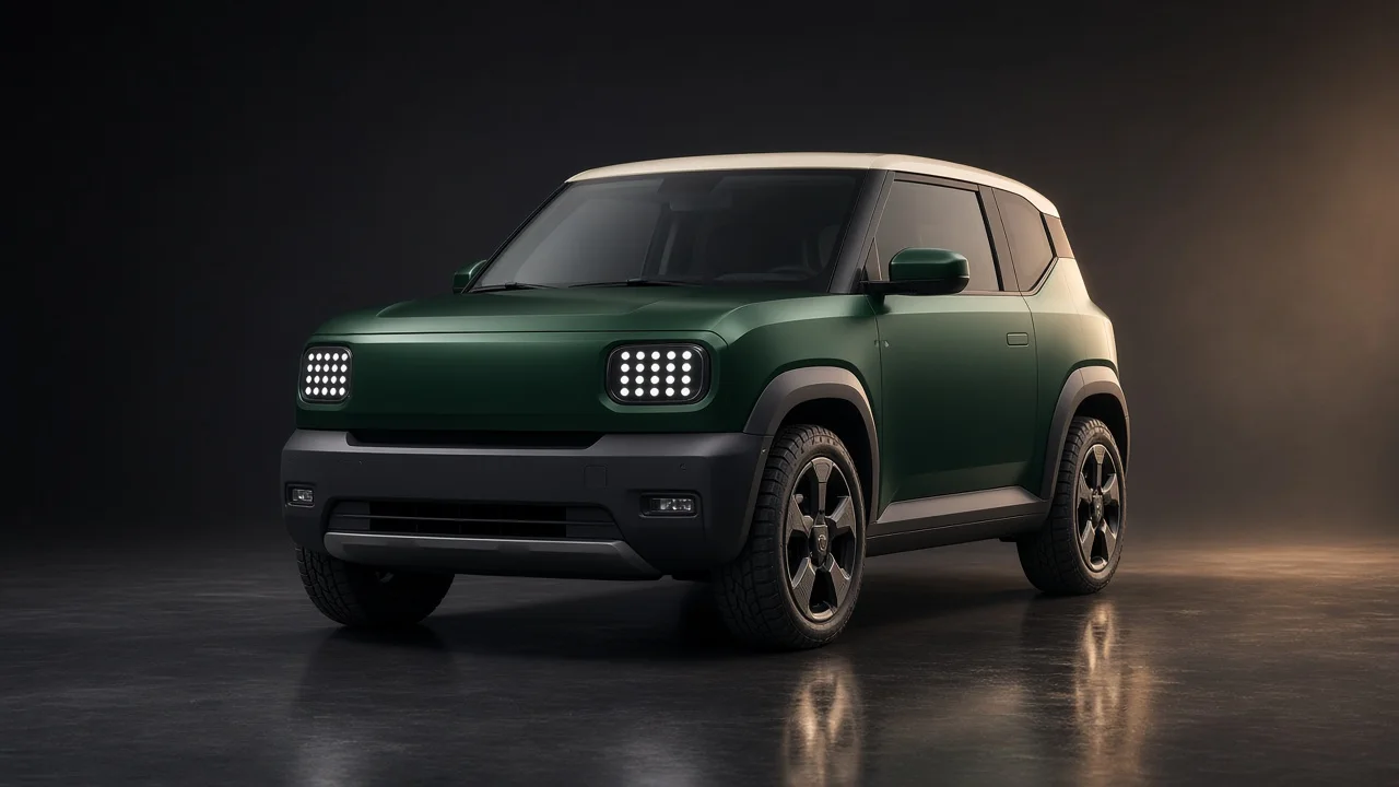 Forest-green boxy electric crossover with a cream roof in a dark studio