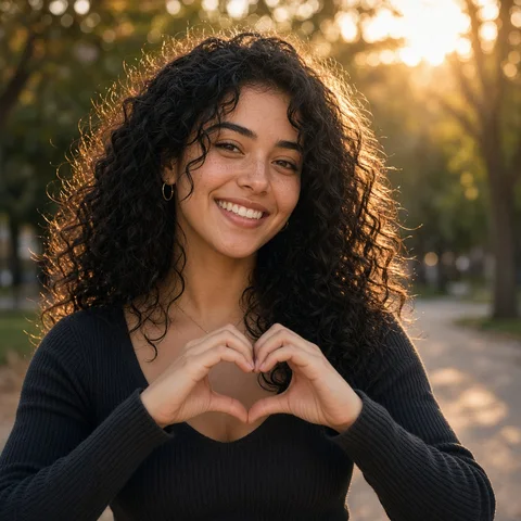 Smiling friend making a heart with her hands (AI-generated, not a real person)