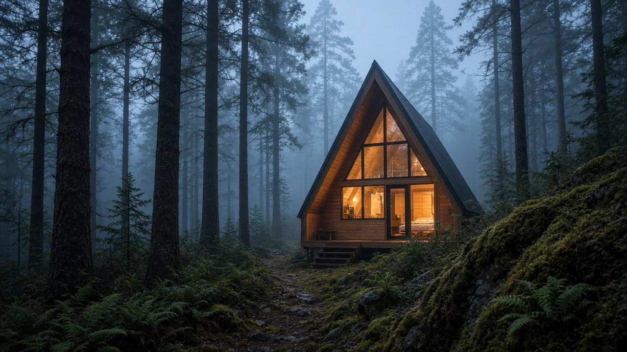 Timber A-frame cabin glowing in a misty pine forest