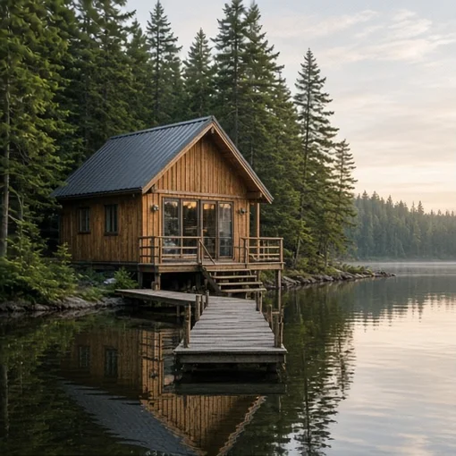 Wooden cabin with a dock on a calm lake