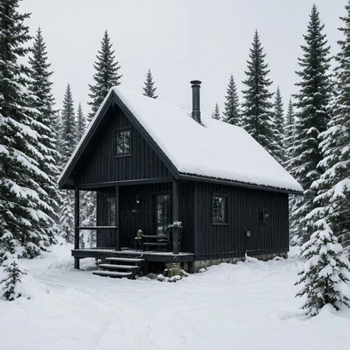 Black cabin in deep snow
