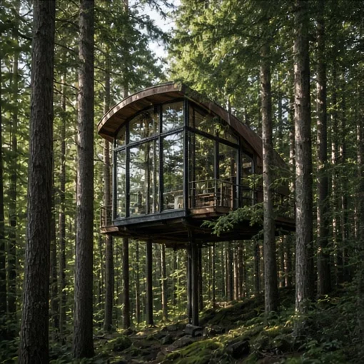 Glass treehouse among tall pines