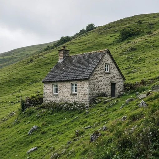 Stone cottage on a green hill