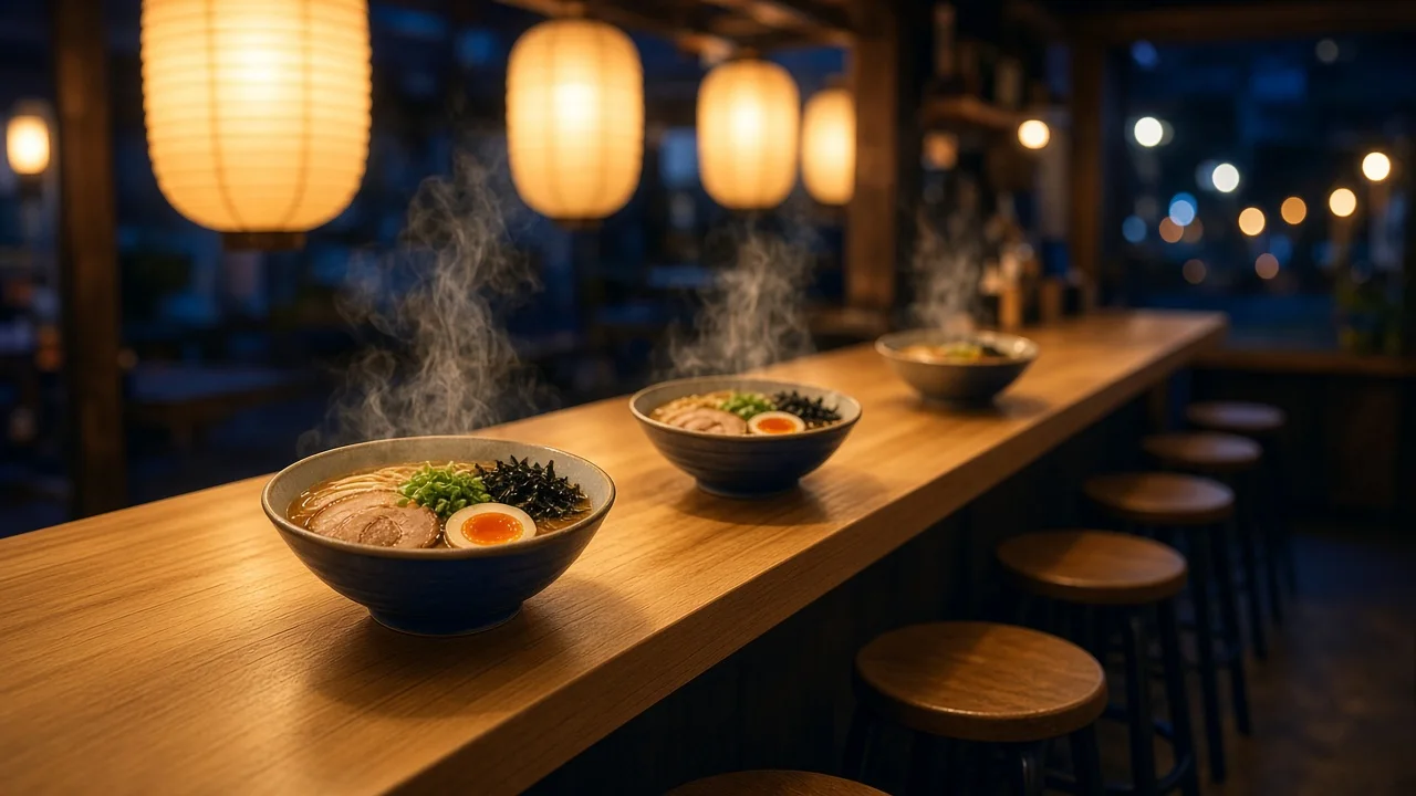 Steaming ramen bowls on a wooden counter under paper lanterns